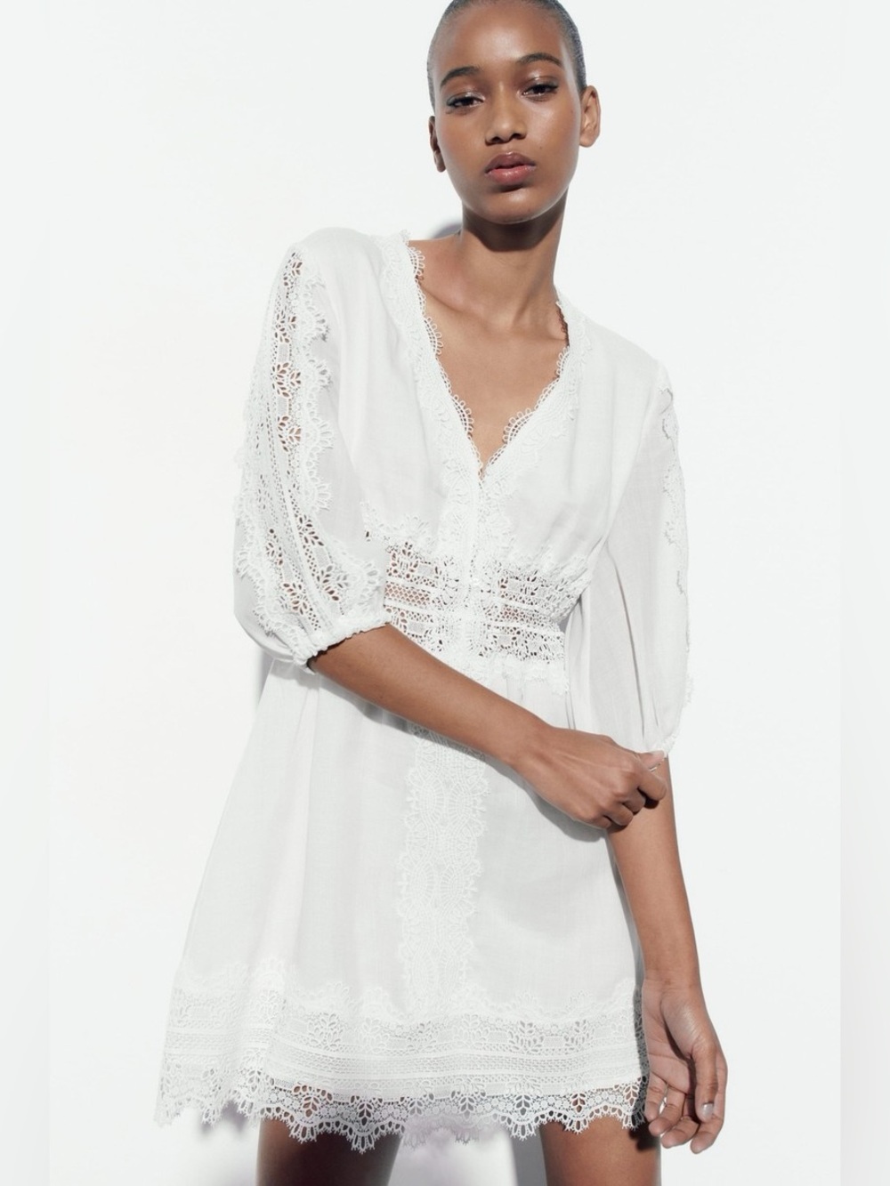 Zara Ramie White Lace Mini Dress